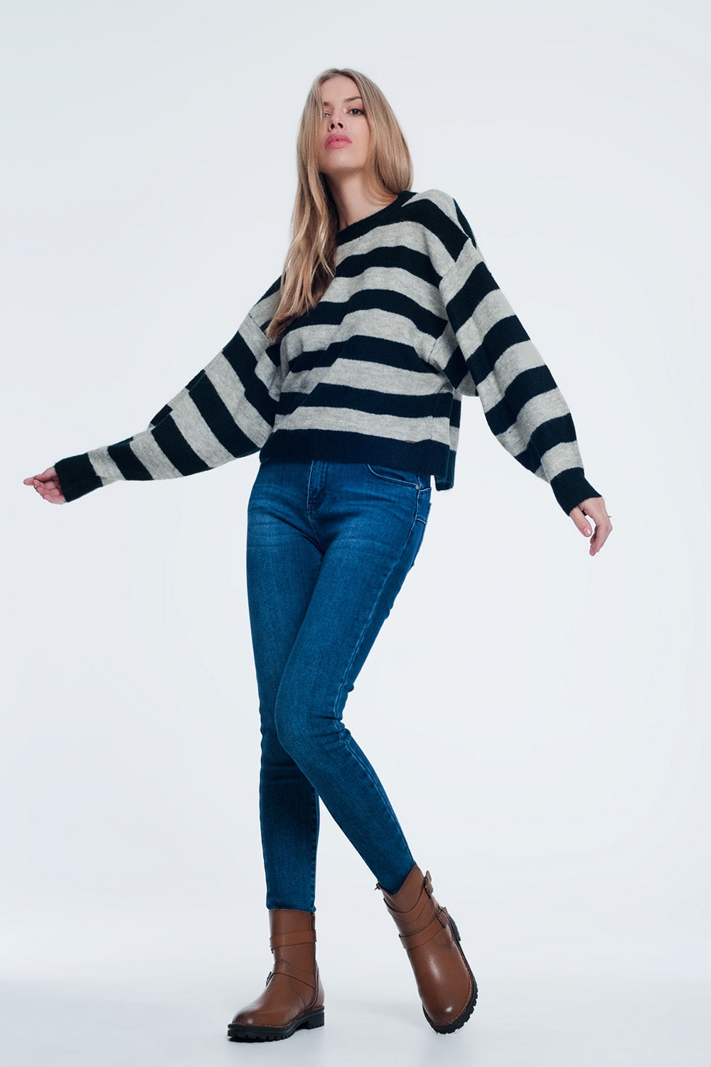 Green knitted sweater with grey stripes - Jumpers