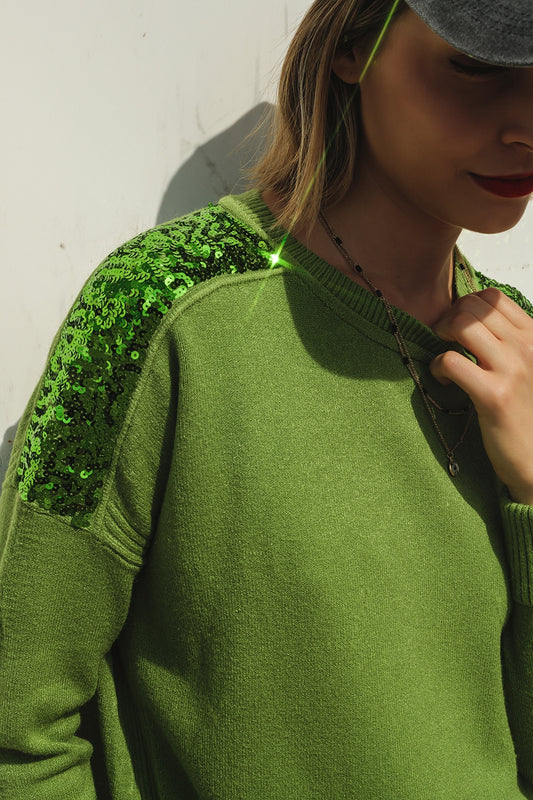 Green Long Sleeves Sweater With Sequins on The Shoulders - Sweaters