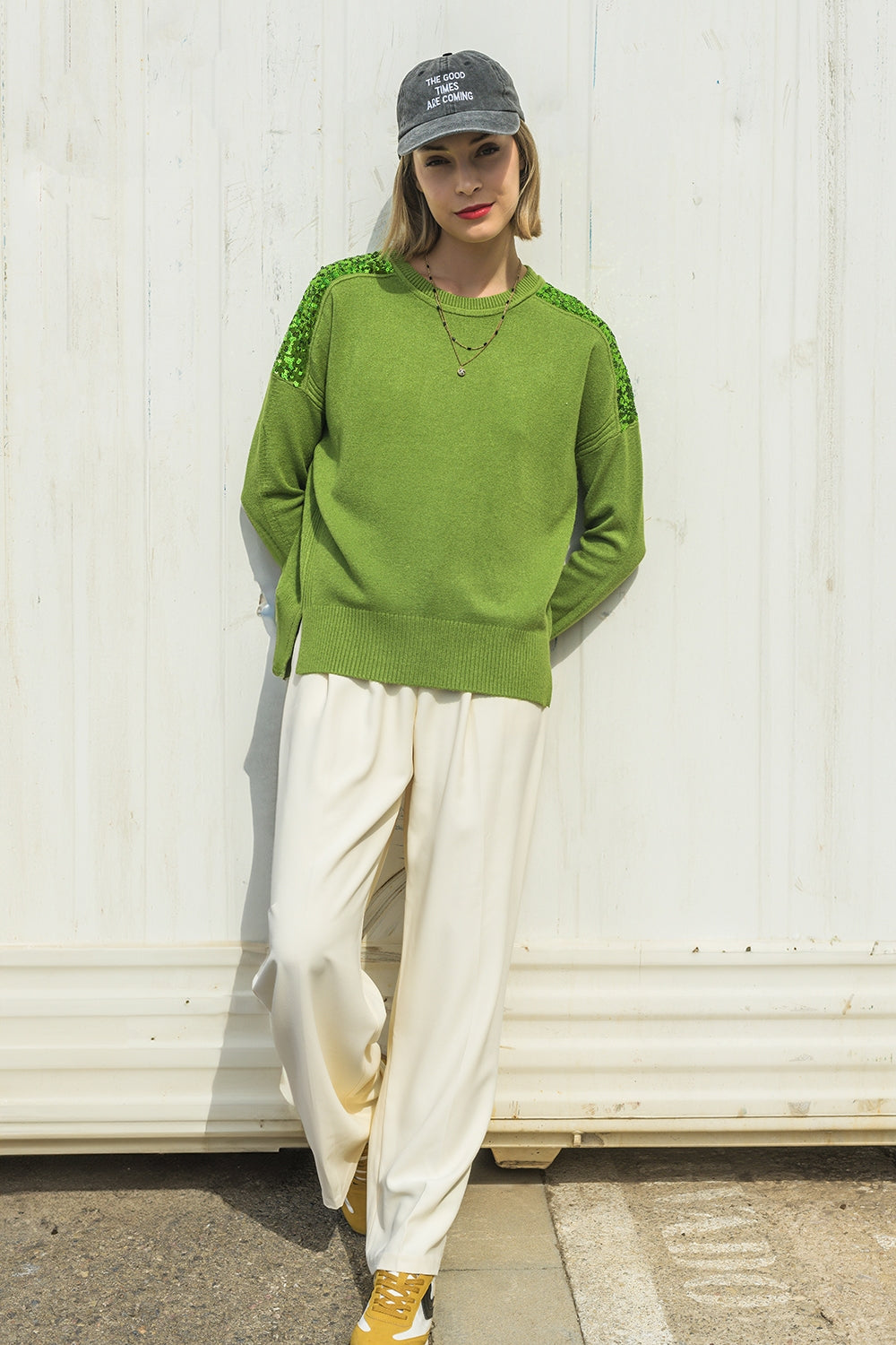 Green Long Sleeves Sweater With Sequins on The Shoulders - Sweaters