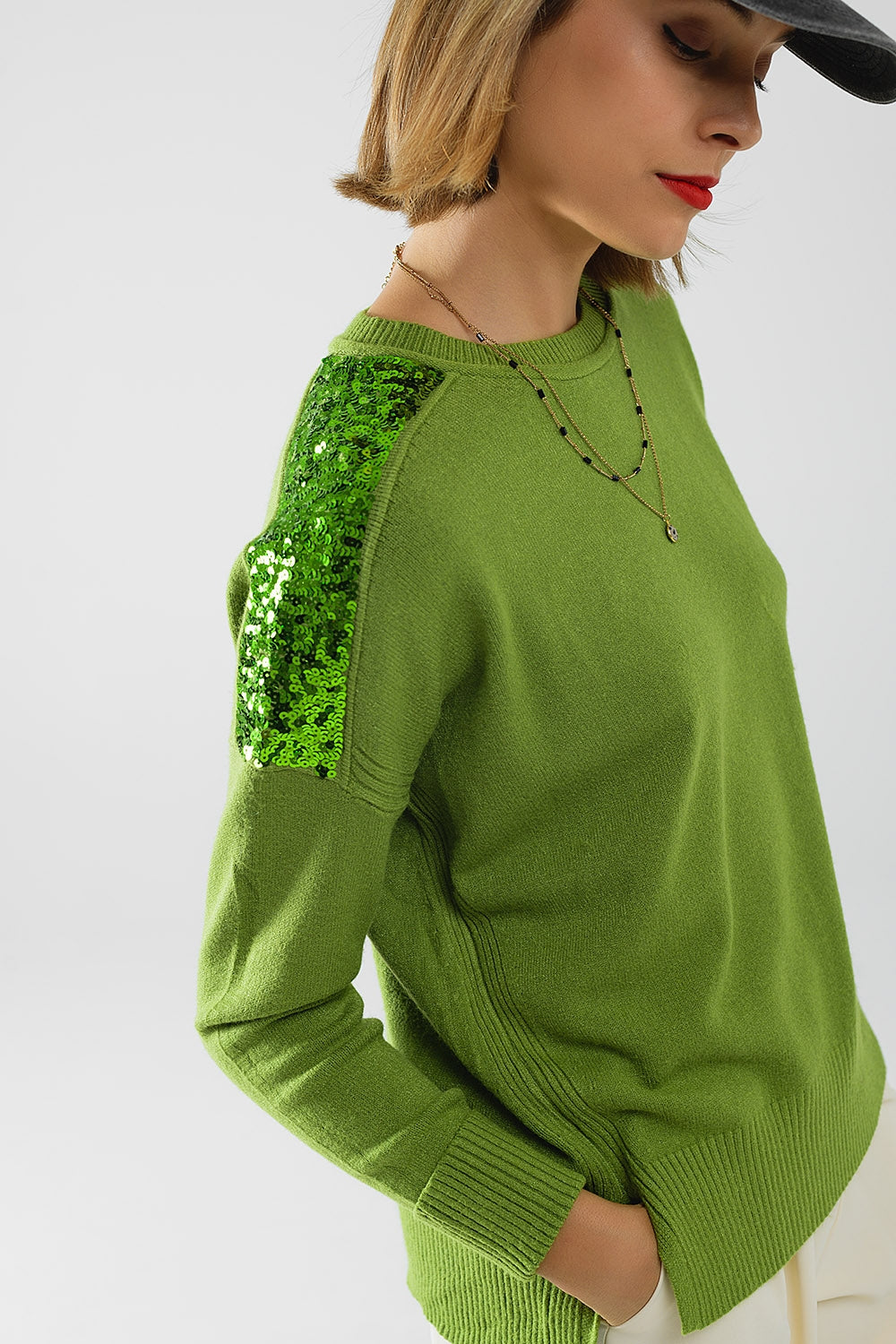 Green Long Sleeves Sweater With Sequins on The Shoulders - Sweaters
