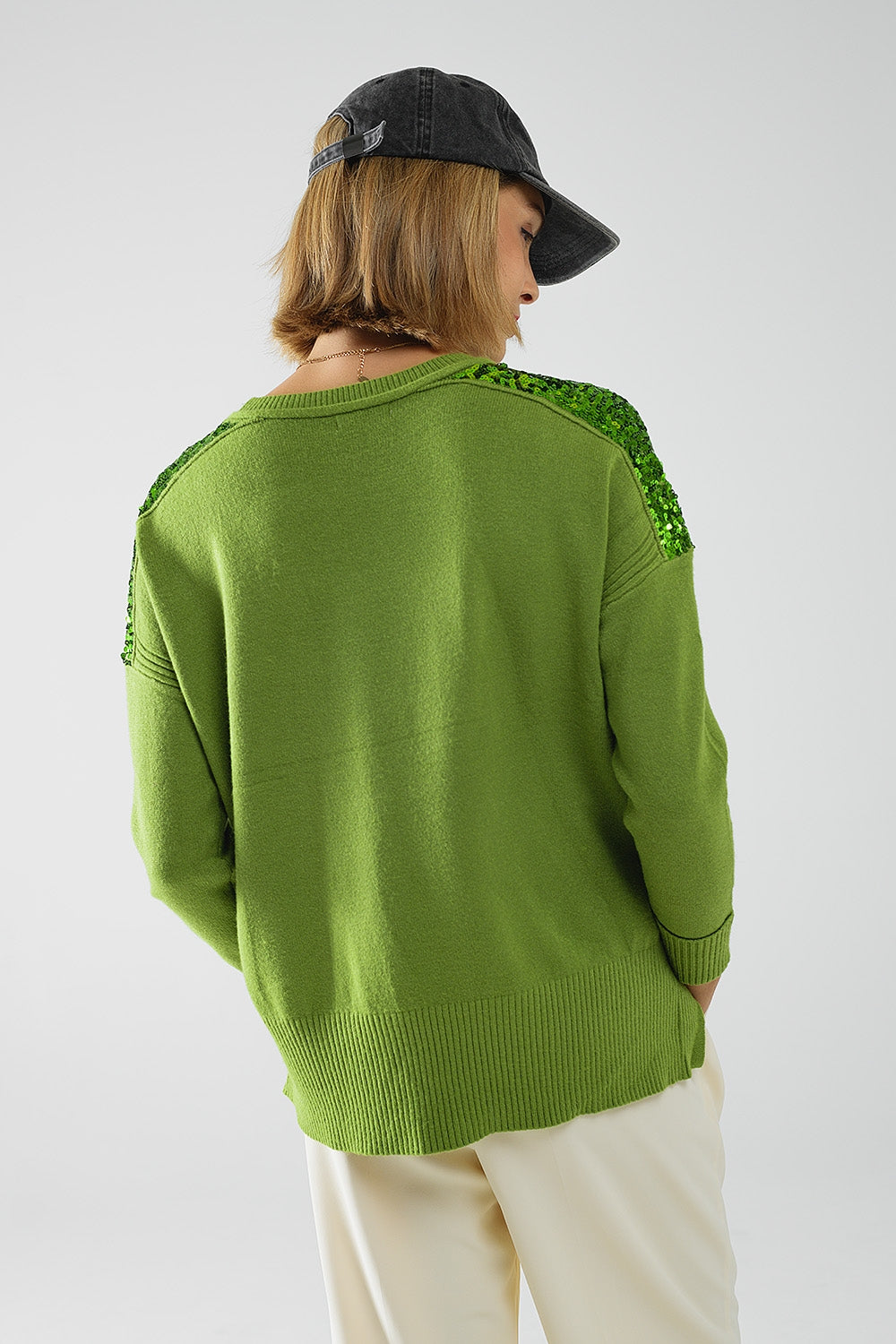 Green Long Sleeves Sweater With Sequins on The Shoulders - Sweaters