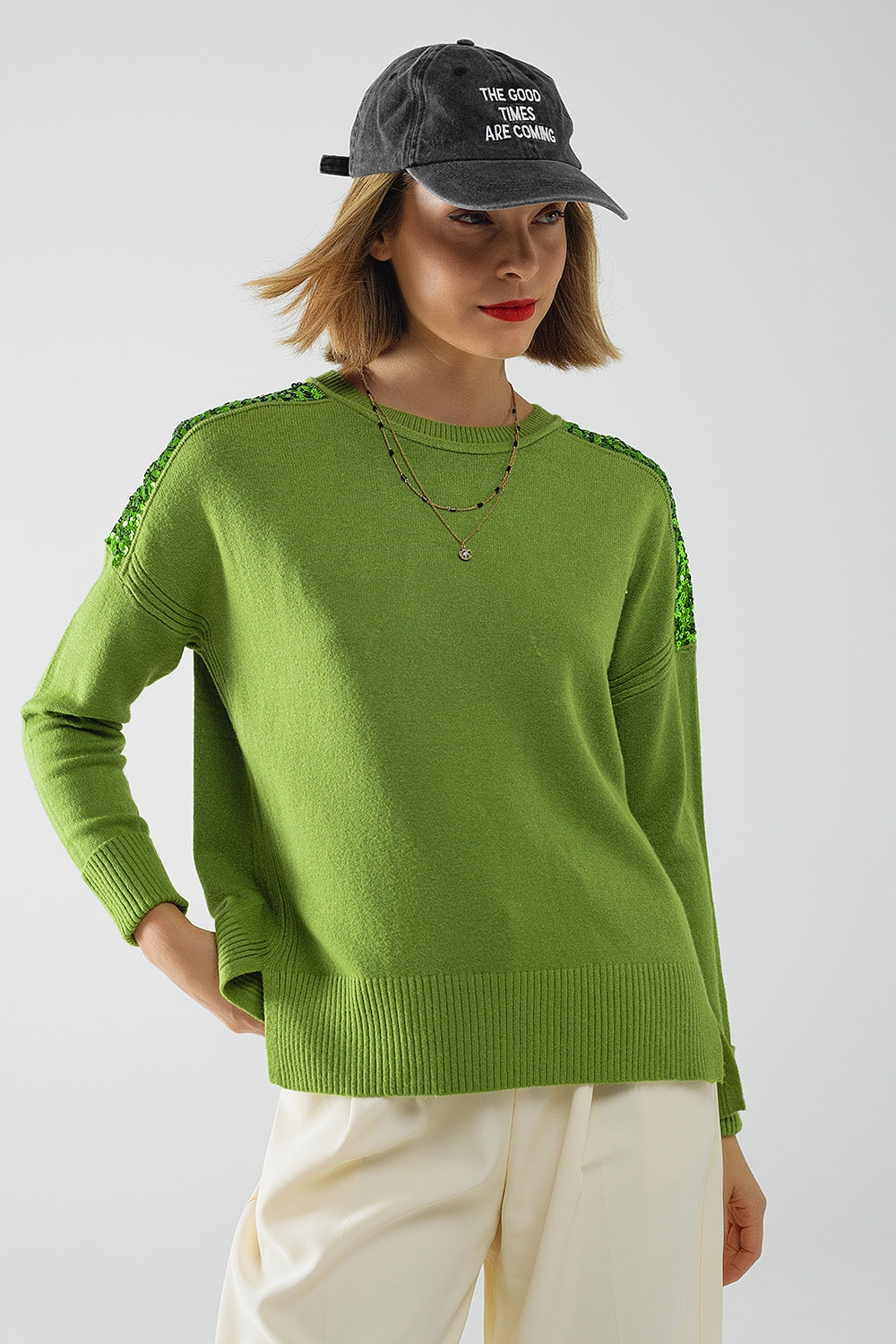 Green Long Sleeves Sweater With Sequins on The Shoulders - Sweaters