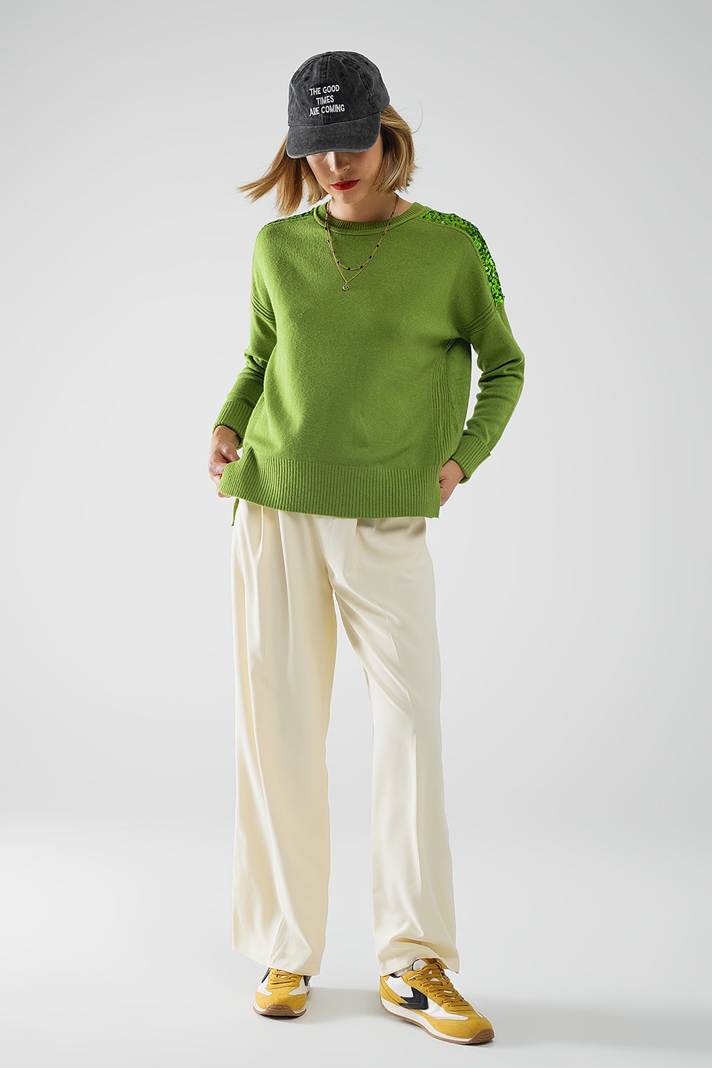 Green Long Sleeves Sweater With Sequins on The Shoulders - Sweaters