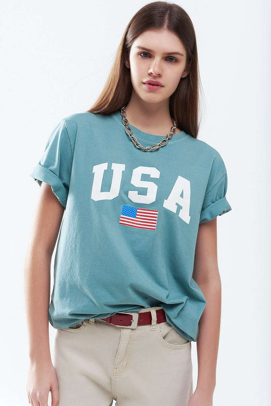 Green loose long t-shirt with USA logo - T-Shirts