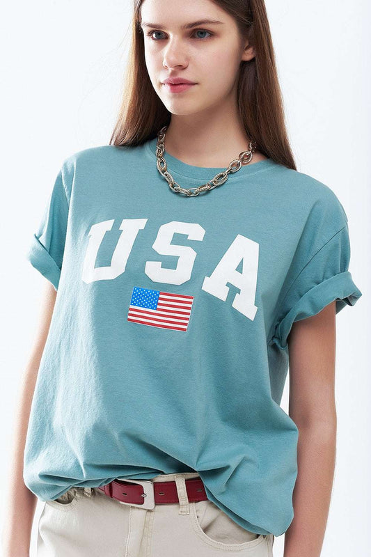 Green loose long t-shirt with USA logo - T-Shirts