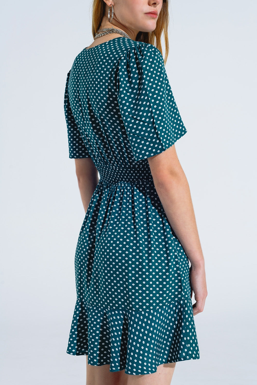 Green Mini Dress With Wrap Front Cinched Waist And Floral Print - Dresses