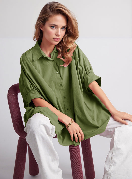 Green oversized blouse with short sleeve - Blouses