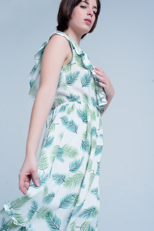 Green Printed Midi Dress with Ruches - Dresses