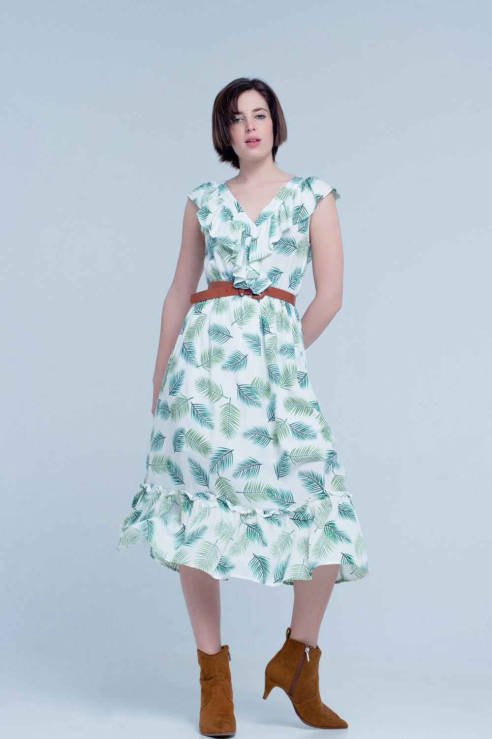 Green Printed Midi Dress with Ruches - Dresses