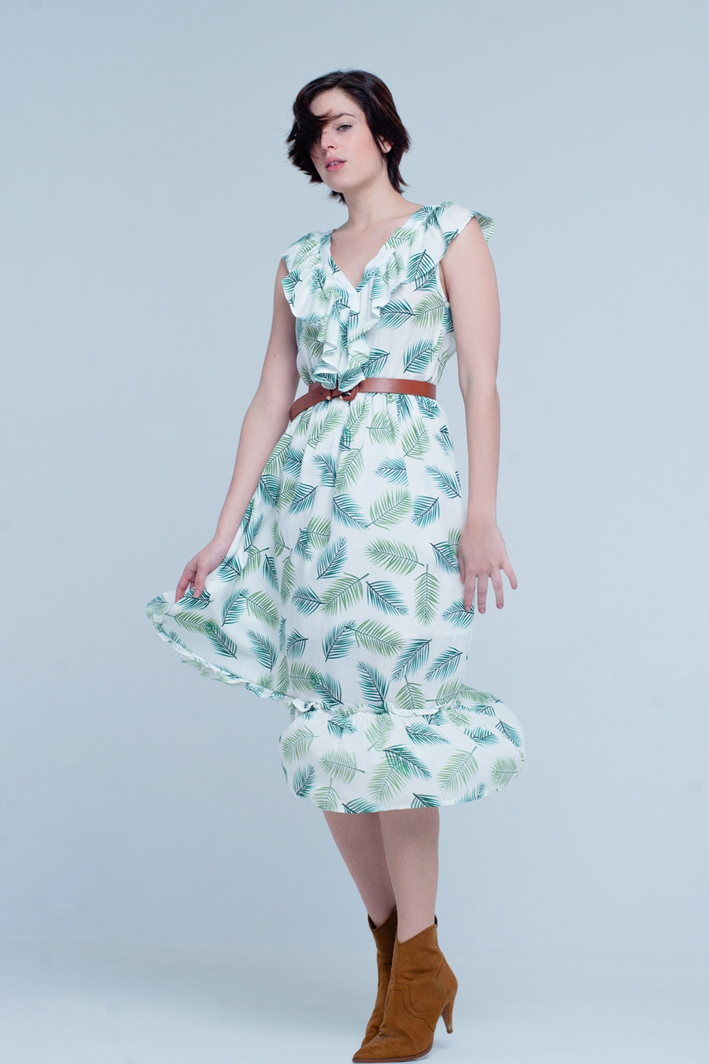 Green Printed Midi Dress with Ruches - Dresses