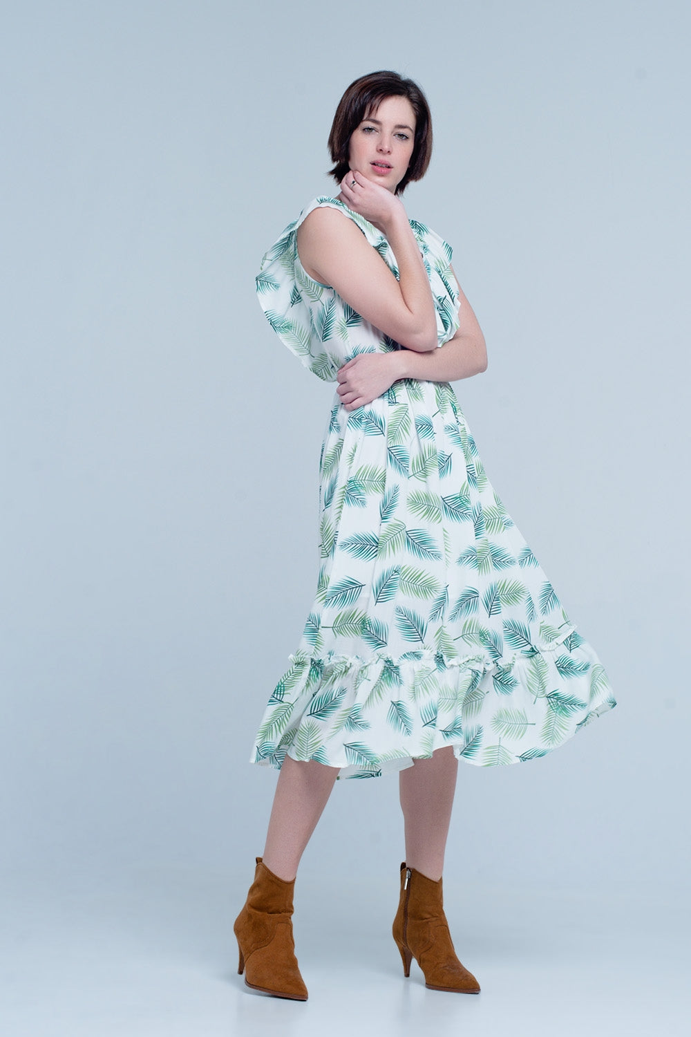 Green Printed Midi Dress with Ruches - Dresses