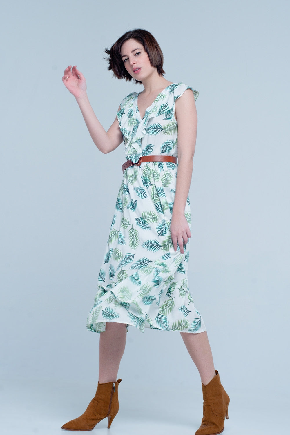 Green Printed Midi Dress with Ruches - Dresses