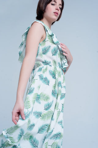 Robe mi-longue imprimée verte avec fronces