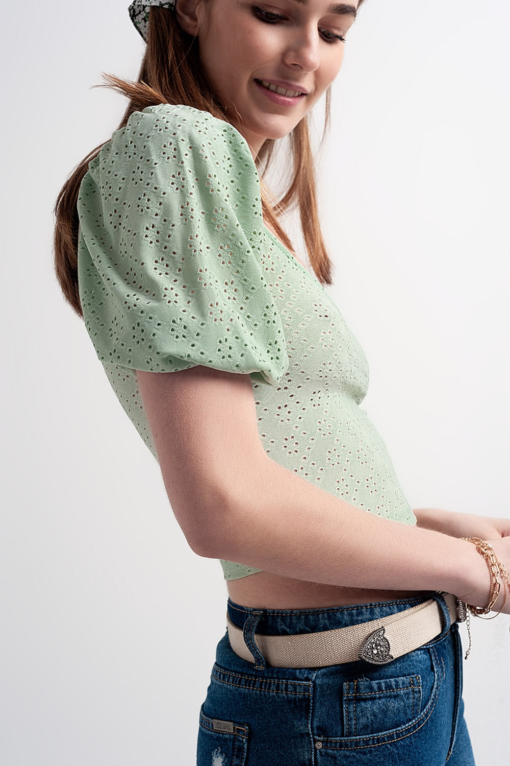 Green short top in batiste fabric with puffed sleeves - Tops