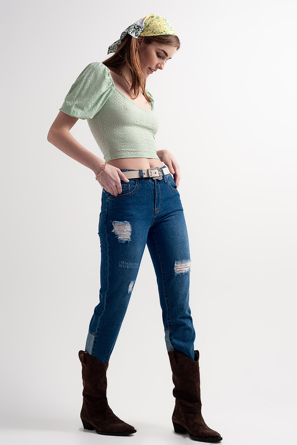 Green short top in batiste fabric with puffed sleeves - Tops