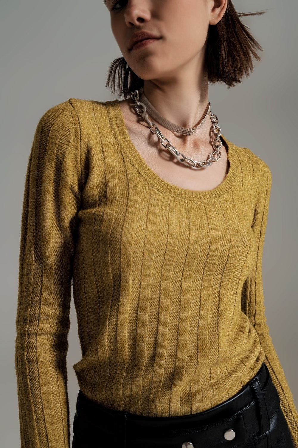 green wide neck ribbed knit sweater - Jumpers