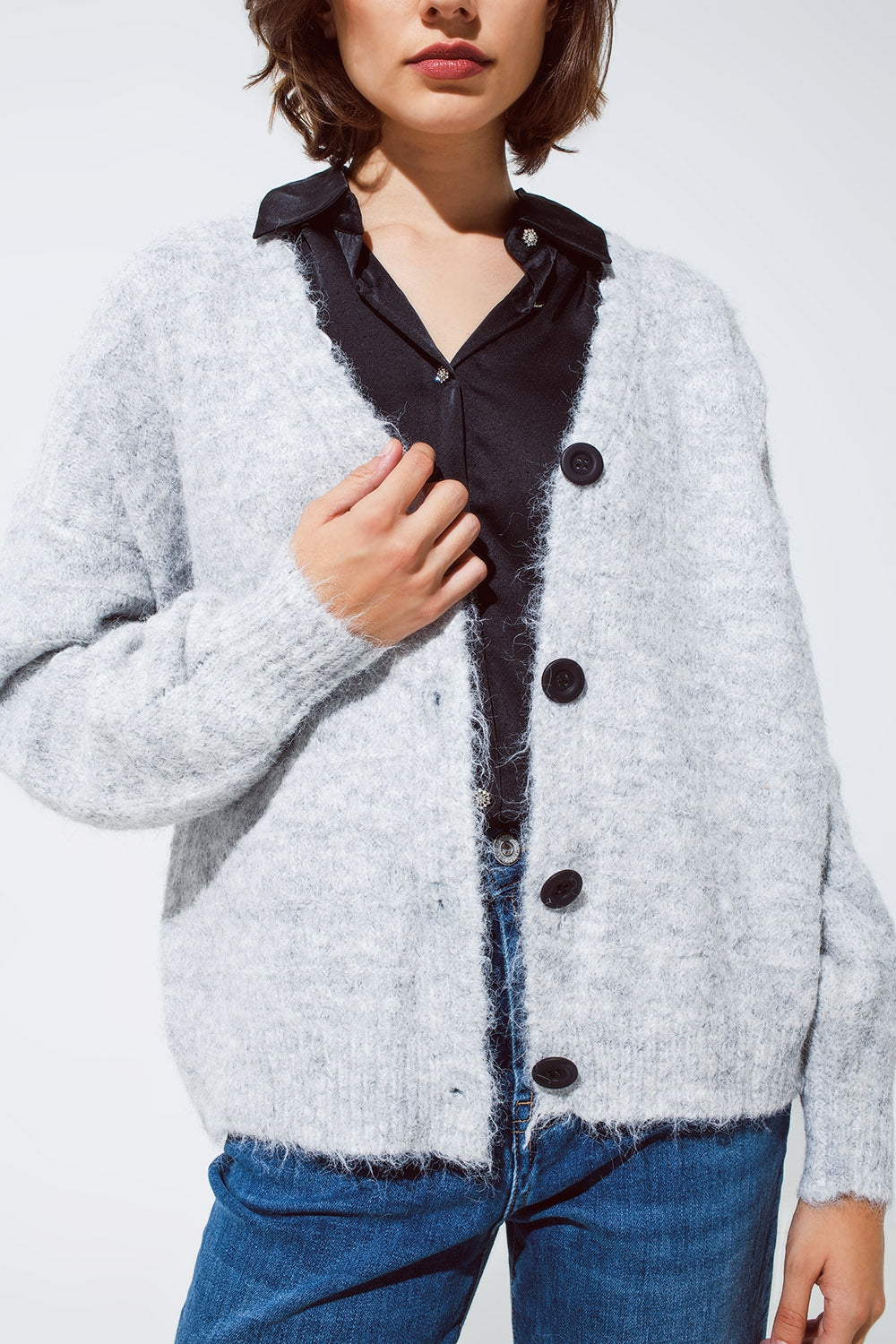 Grey cardigan with a deep V neck with lace detail - Cardigans