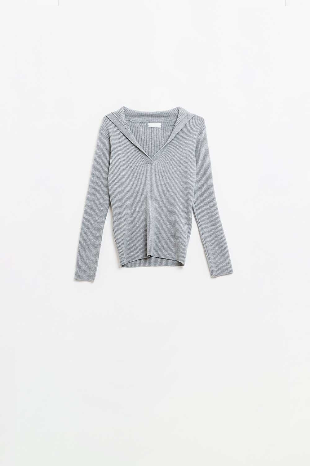 Grey Collared Rib Top With Long Sleeves - Jumpers