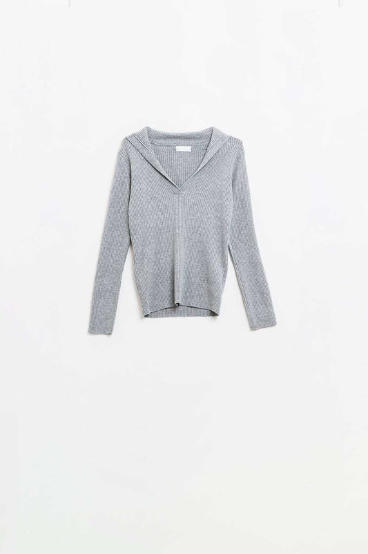 Grey Collared Rib Top With Long Sleeves - Jumpers