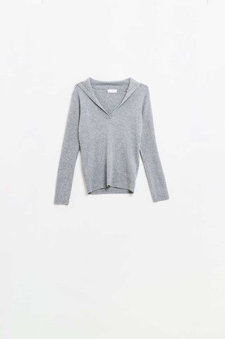 Grey Collared Rib Top With Long Sleeves