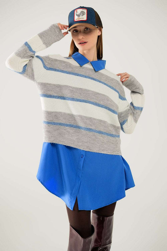 Grey jersey with ecru and blue stripes - Jumpers