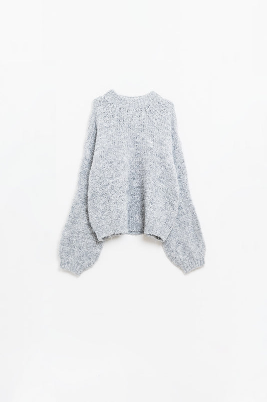 Grey Oversized Knit Sweater with balloon Sleeves - Jumpers