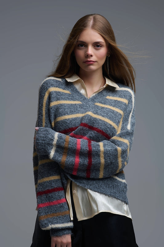 Grey Oversized Multicolor Stripe Sweater - Sweaters