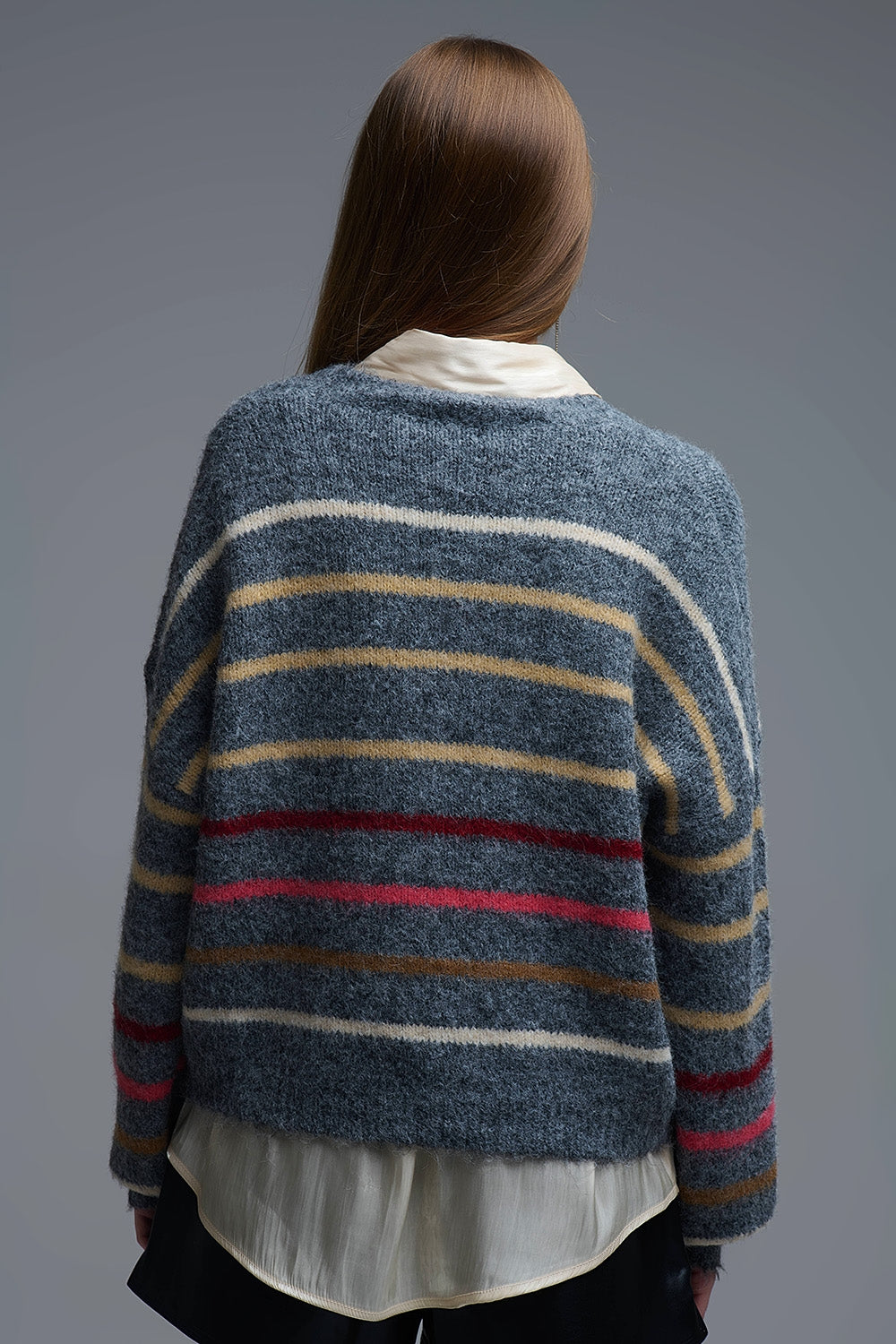 Grey Oversized Multicolor Stripe Sweater - Sweaters