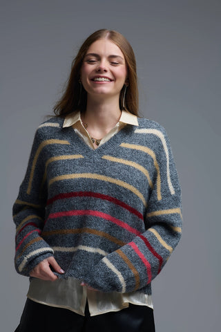 Grey Oversized Multicolor Stripe Sweater