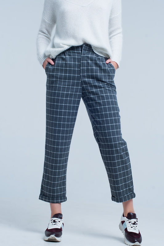 Grey Pants in White check Print - Trousers