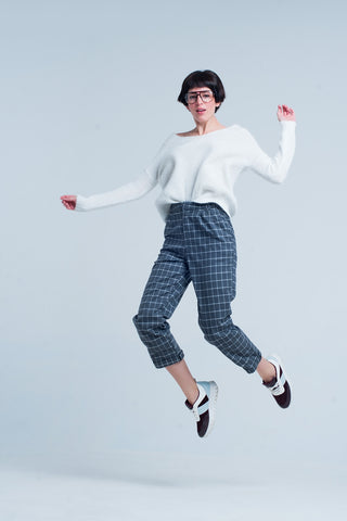 Grey Pants in White check Print