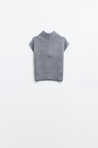 Grey sleeveless turtleneck sweater with zipper closure