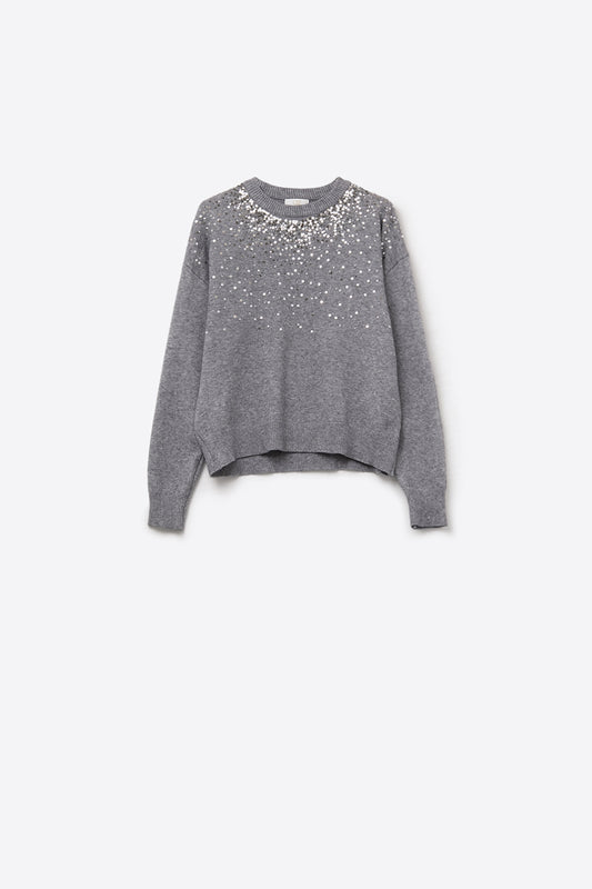 Grey soft knit sweater embellished with sequins on the front -