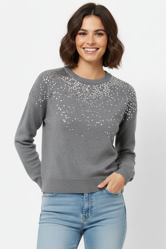 Grey soft knit sweater embellished with sequins on the front -