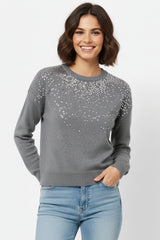 Grey soft knit sweater embellished with sequins on the front