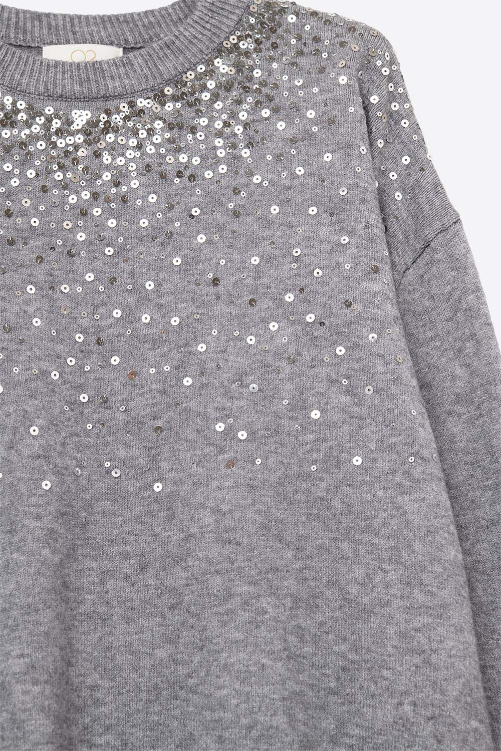 Grey soft knit sweater embellished with sequins on the front -