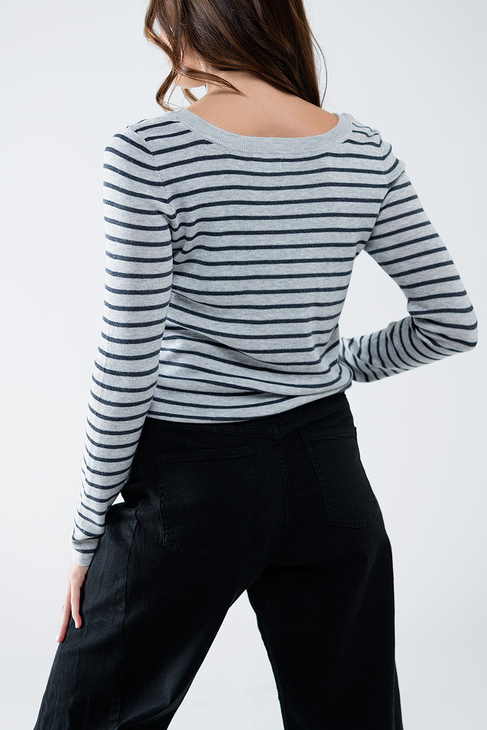 Grey striped fine knit sweater with boat neck - Jumpers