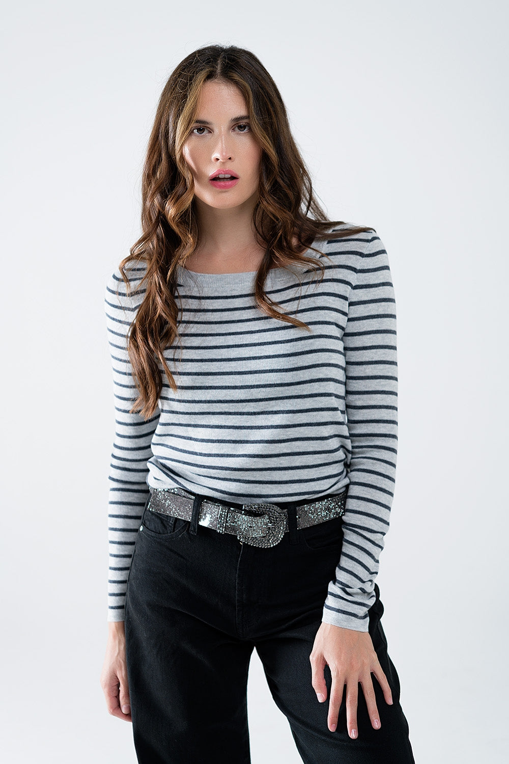 Grey striped fine knit sweater with boat neck - Jumpers