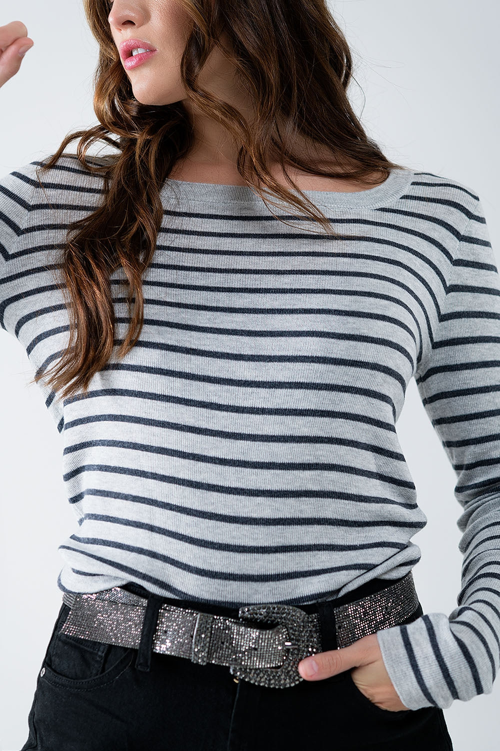 Grey striped fine knit sweater with boat neck - Jumpers