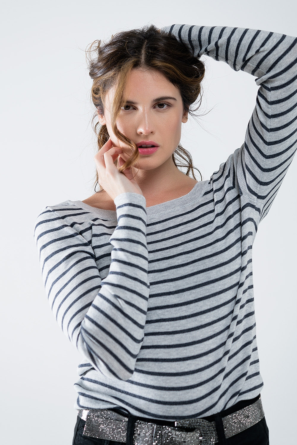 Grey striped fine knit sweater with boat neck - Jumpers