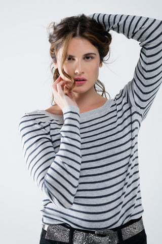 Grey striped fine knit sweater with boat neck