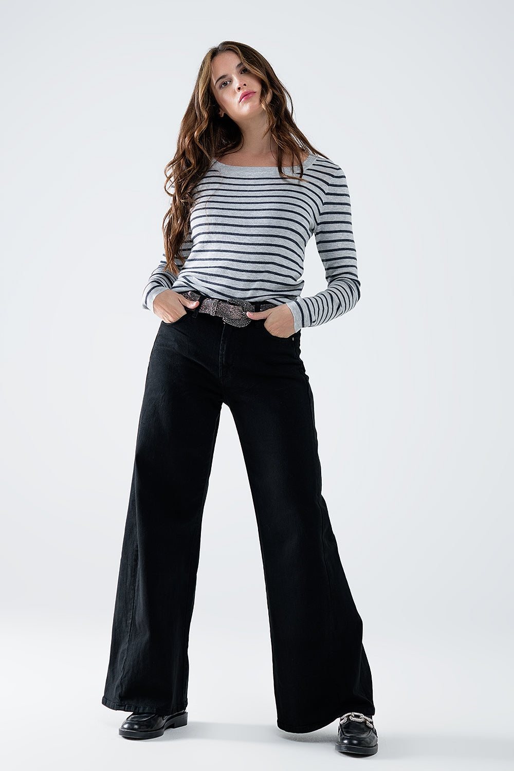 Grey striped fine knit sweater with boat neck - Jumpers