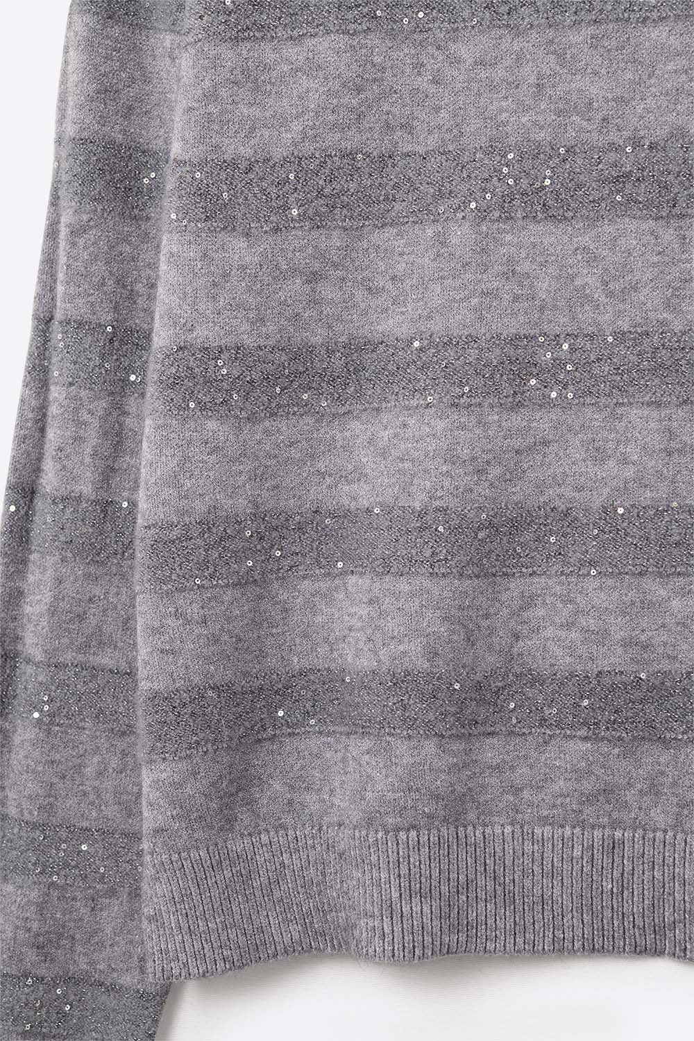 Grey Striped Knit Sweater with Sequin Detail - Sweaters