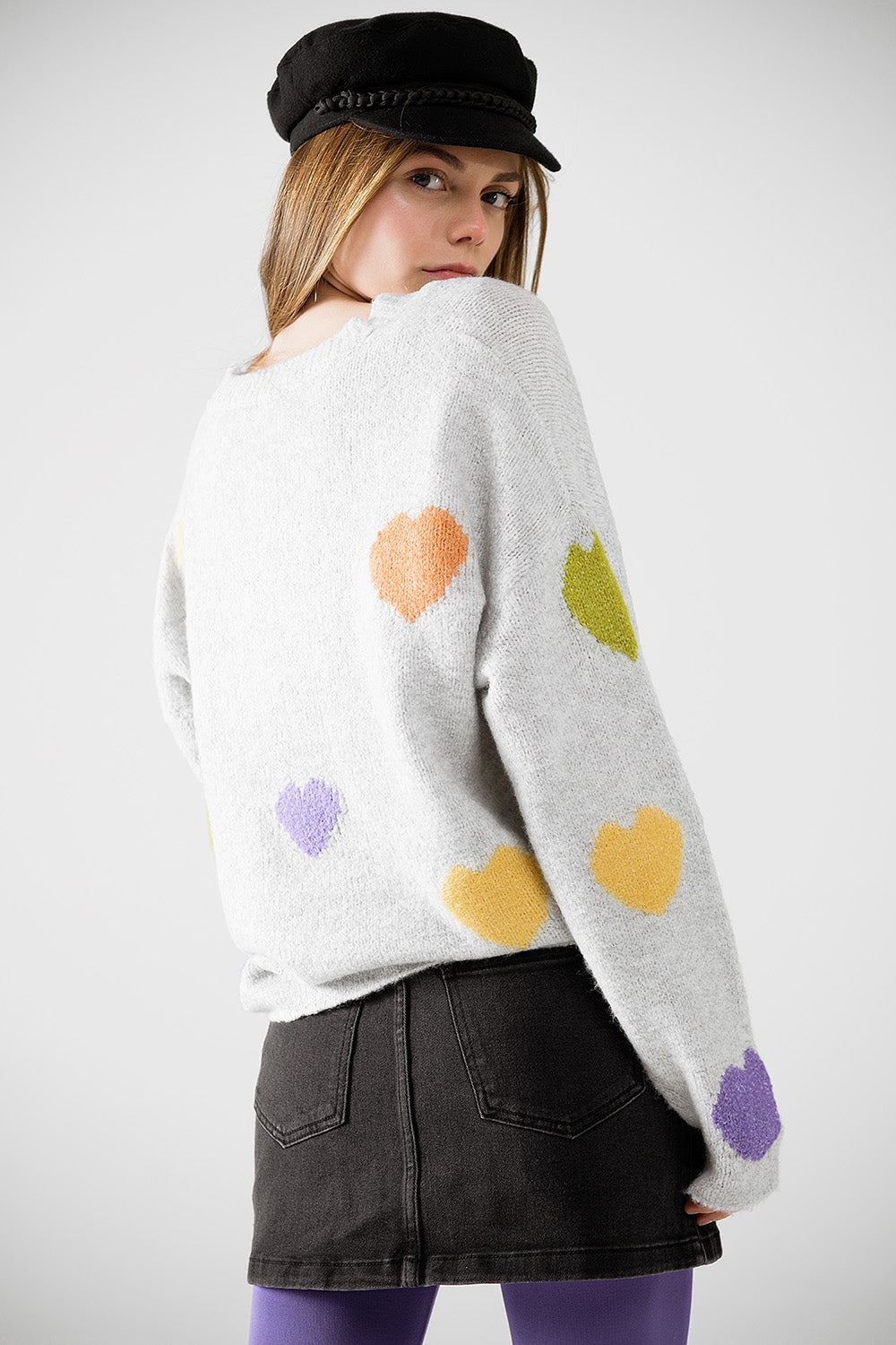 Grey sweater with boat neck and heart print - Sweaters
