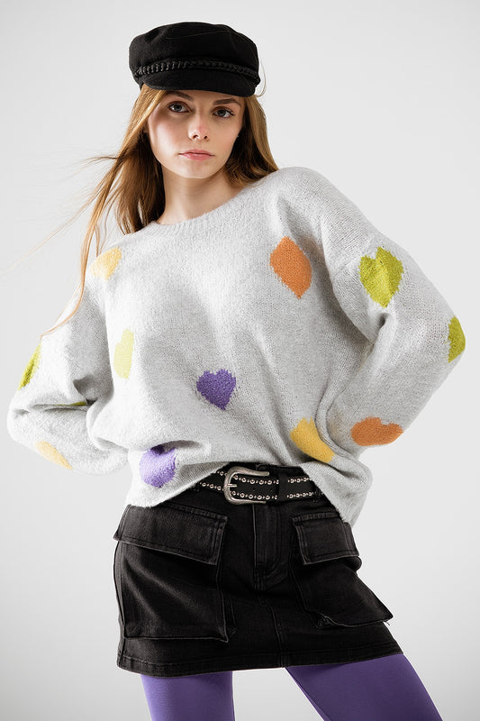 Grey sweater with boat neck and heart print - Sweaters