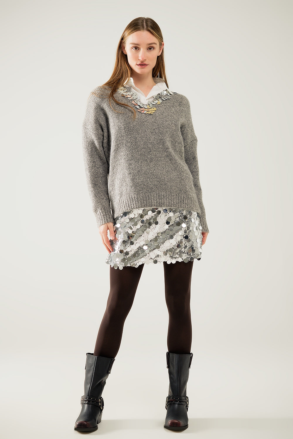 Grey V-neck sweater with sequin detail - Sweaters