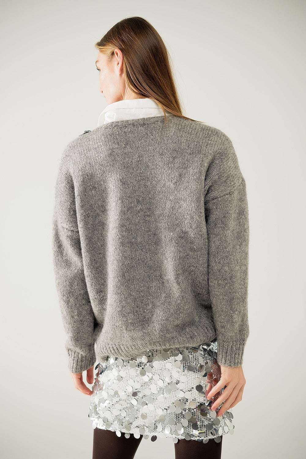 Grey V-neck sweater with sequin detail - Sweaters