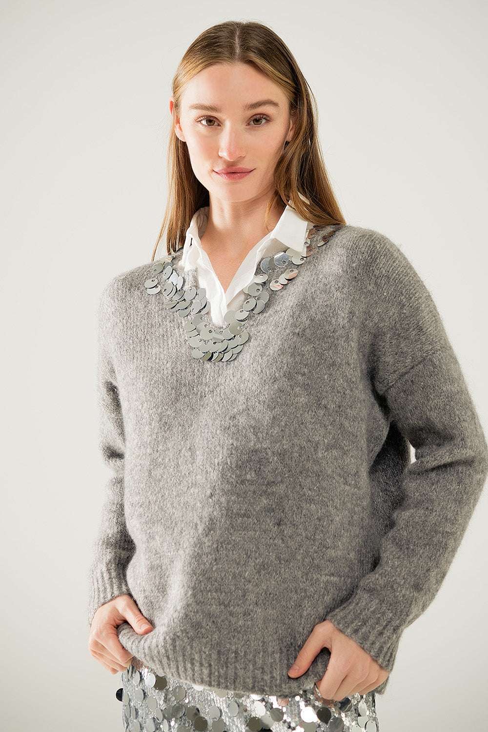Grey V-neck sweater with sequin detail - Sweaters