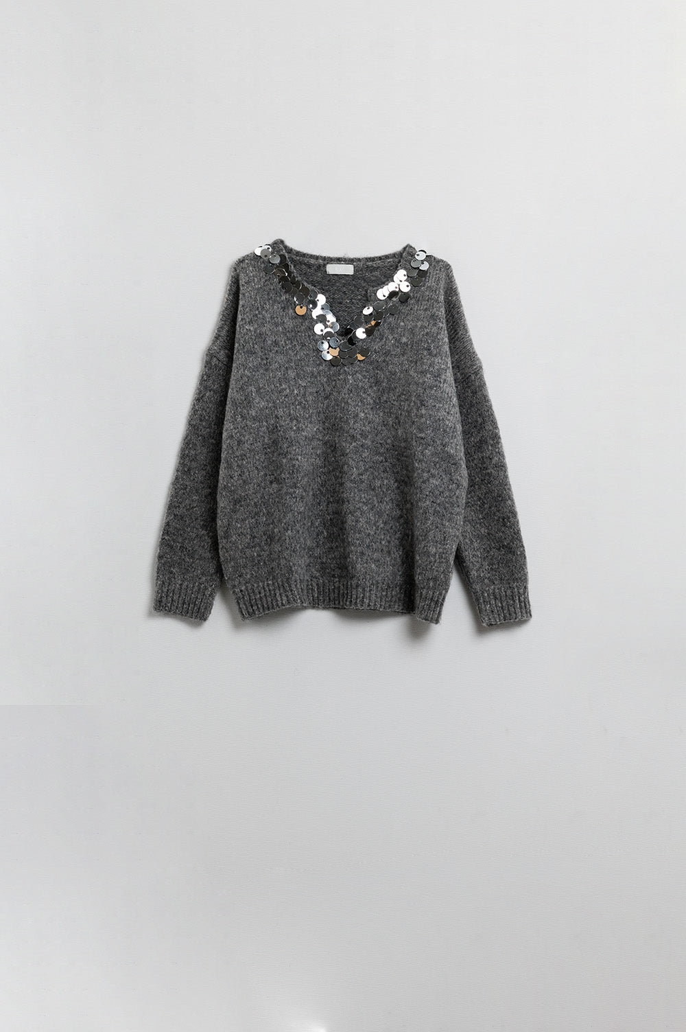 Grey V-neck sweater with sequin detail - Sweaters