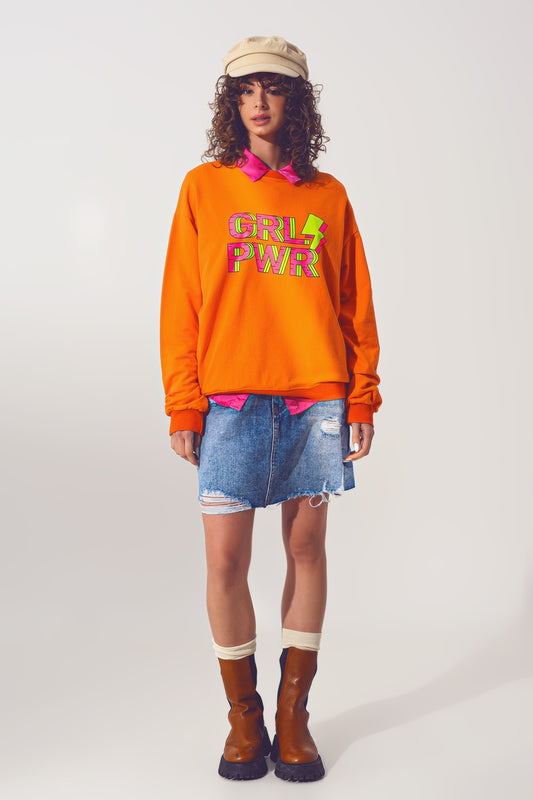 GRL PWR Text Sweatshirt in Orange - Sweaters